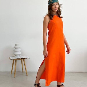 Linen Maxi Dress Outfit | Long Dress Women | Floor Length Dress with side slit | Summer Orange Dress in Minimalist Style
