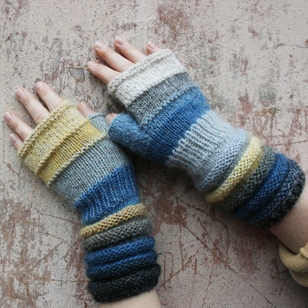 Seashore Striped Hand Knit Fingerless Gloves with upcycled yarn and kid mohair