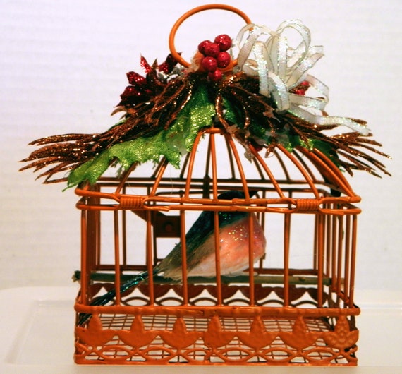 Wire Birdcage With Artificial Bird Christmas Ornament Etsy