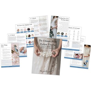 Puede incluir: Una colección de guías impresas y hojas informativas relacionadas con la moda nupcial. La guía central, titulada "The Ultimate Bridal Fashion Timeline", muestra a una novia sosteniendo una liga. Otras hojas cubren temas como compras, datos sobre vestidos y largos de velos.