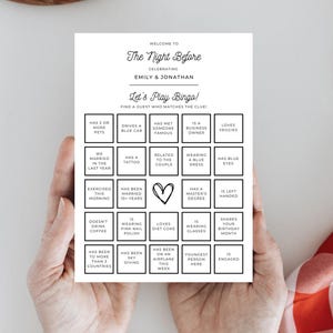 Tarjeta de bingo para la cena de ensayo de bodas, juego de mesa de bodas editable, decoración de fiesta de pizza, la noche anterior, plantilla para romper el hielo en la boda