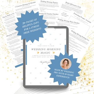May include: A blue starburst graphic with the text "Wedding Morning Magic" in white. The graphic is on a white background with a tablet displaying a checklist with the text "Wedding Morning Packing List".