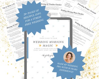 Op de afbeelding: Een blauwe sterburst-afbeelding met de tekst "Wedding Morning Magic" in wit. De afbeelding bevindt zich op een witte achtergrond met een tablet waarop een checklist wordt weergegeven met de tekst "Wedding Morning Packing List".