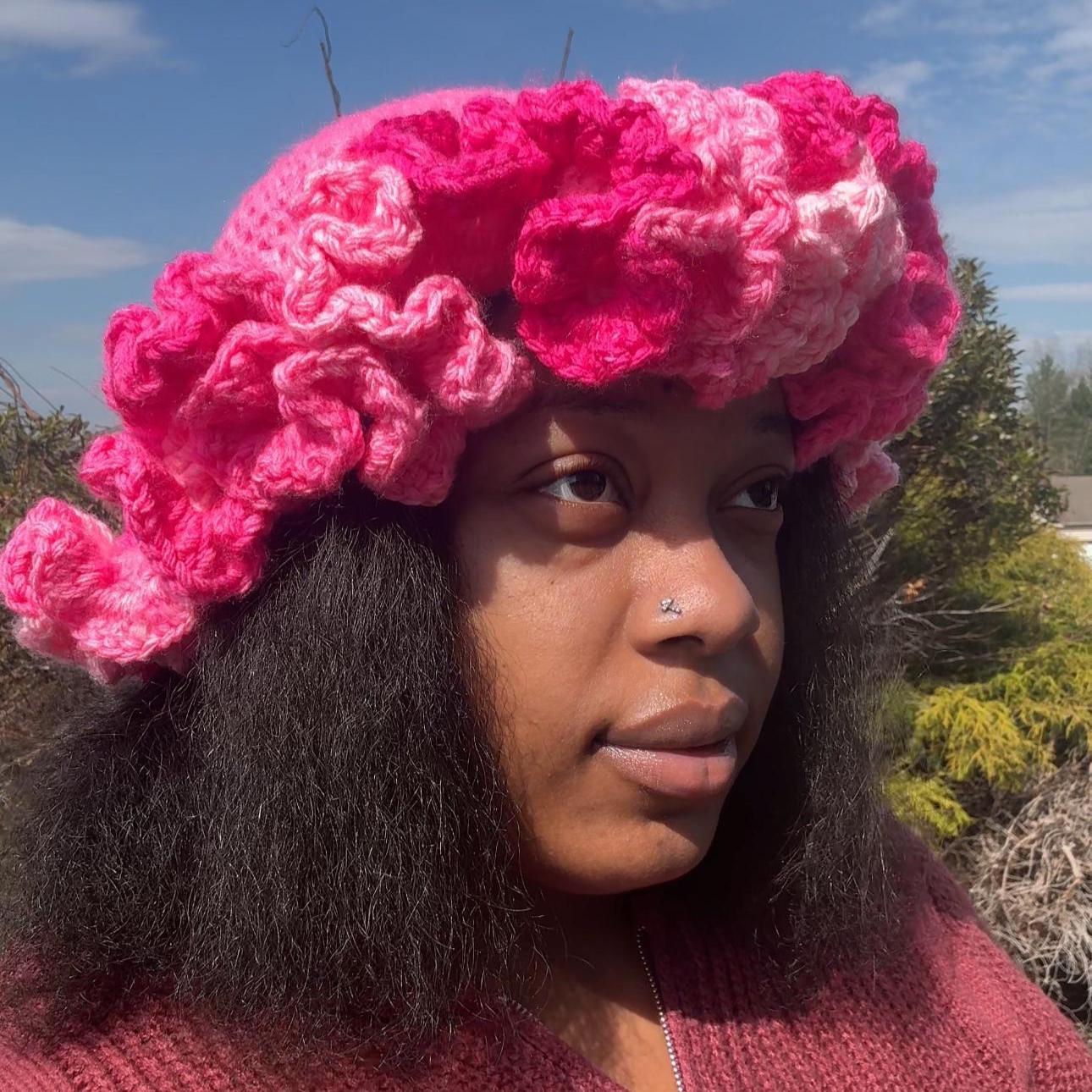 Handmade Mixed Pink Ombre Barbie Y2K Crochet Ruffle Hat 