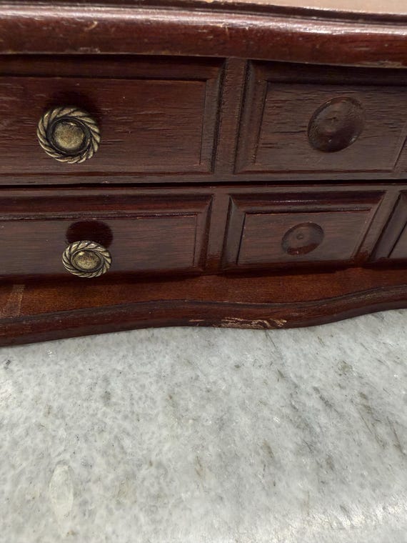 Vintage Wood Jewelry Box – Pink Fabric Lined Draw… - image 6