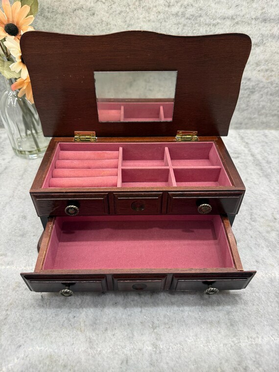 Vintage Wood Jewelry Box – Pink Fabric Lined Draw… - image 2