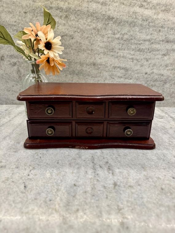 Vintage Wood Jewelry Box – Pink Fabric Lined Draw… - image 1