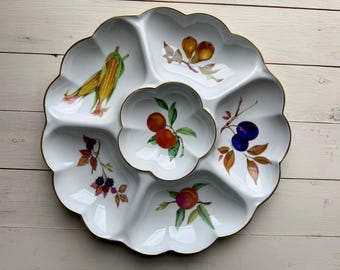 Bandeja para servir aperitivos/salsas Evesham de porcelana fina vintage de Royal Worcester - Bandeja para crudités