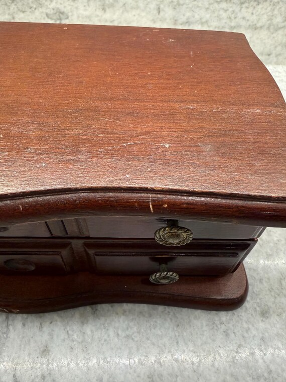 Vintage Wood Jewelry Box – Pink Fabric Lined Draw… - image 5