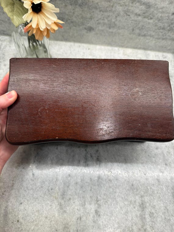 Vintage Wood Jewelry Box – Pink Fabric Lined Draw… - image 3
