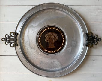 Vintage Pfaltzgraff Metal Charcuterie Cheese Appetizer Serving Tray Wheat Sheaf & Brass Colored Handles