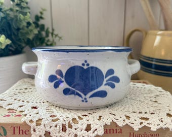 Olla de gres vintage con asas / Corazón blanco y azul, motas, 1986 Country Cottage