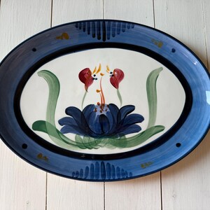 Gail Pittman Handpainted Oval Serving Platter | 1996 Blue Floral Country Cottage Kitchen Dish