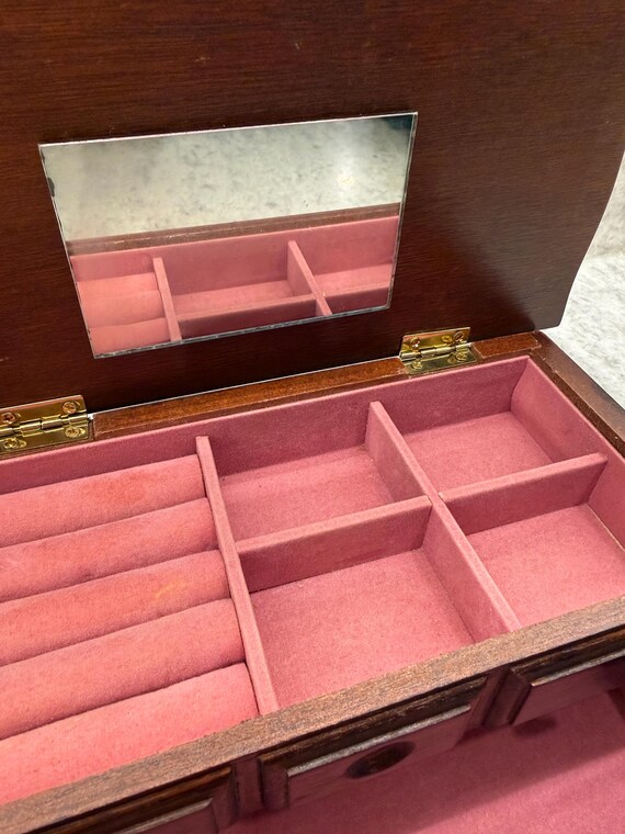 Vintage Wood Jewelry Box – Pink Fabric Lined Draw… - image 10