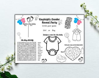 Gender Reveal Printable Activity Placemat, Gender reveal party activity sheet, Printable baby gender predictor colouring sheet for children