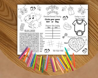 Children's Gender Reveal Activity placemat, colouring, Gender reveal party game, kids activity page, Gender reveal placemats, Edit in Canva