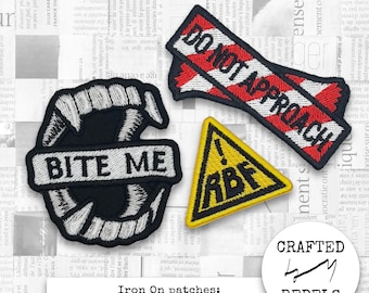 Iron On embroidered patches: edgy mini patch set with warning signs, pack of 3