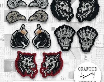 DDP — Iron On Embroidered Patch Set: Gothic Fantasy Pair, Mirrored Unicorn & Wolf Design, Skeleton Raven Skull Embroidery (2 pcs)
