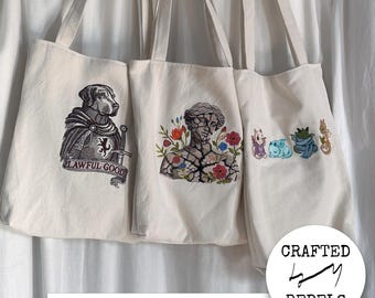 Lined Cotton Shopper tote with Embroidered Designs (Lawful Good Labrador / Flower Statue / Baby Dragon),  washed cotton