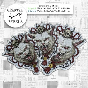 Demon Cat Yokai Iron On Patch, Goth Skull Cat Embroidered Badge, Creepy Hissing Cat Applique, Japanese Horror Jacket Patch