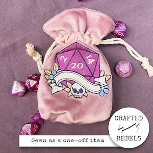 Custom Velour Dice Bag with Embroidery,  Handmade Pouch for DnD Dice, Unique Lined Bag for Tabletop RPG, Gift for Gamer, Dice Set Included