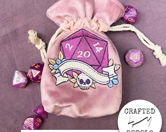 Embroidered Velour Dice Bag with Dice Set: Handmade Lined RPG Pouch