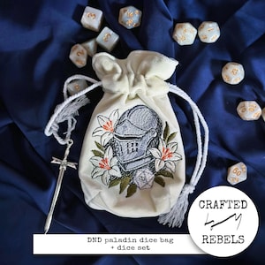 Custom Upcycled Velvet Dice Bag with Embroidery | Handmade Pouch for DnD Dice | Unique Lined Bag for Tabletop RPG | Gift for Paladin image 1