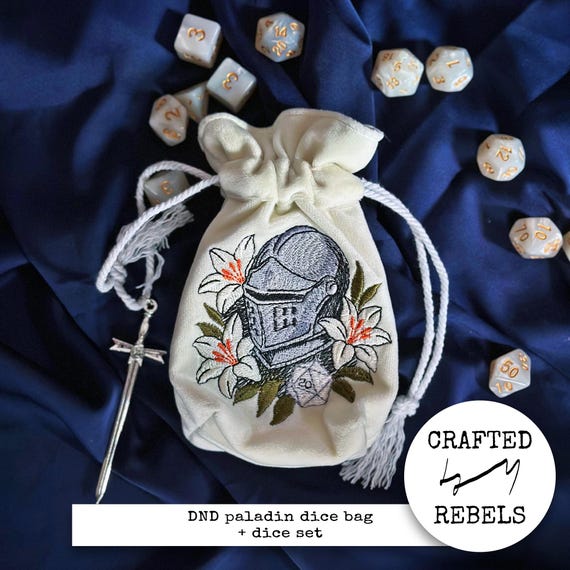 Custom Upcycled Velvet Dice Bag with Embroidery | Handmade Pouch for DnD Dice | Unique Lined Bag for Tabletop RPG | Gift for Paladin