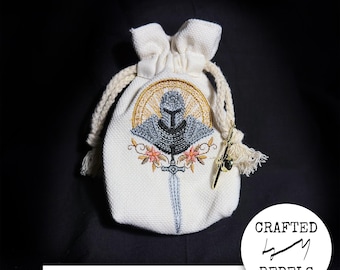 Paladin DnD Dice Bag with Dice Set, Embroidered Knight Helmet Pouch, Medieval Sword Dice Pouch, Cleric TTRPG Accessories