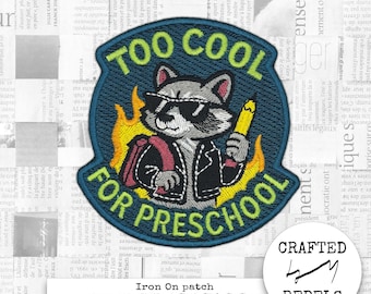Iron On embroidered patch: cool raccoon with pencil, back to school apparel  patch