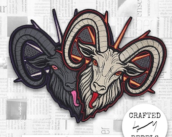 Parche bordado termoadhesivo: cabeza de carnero con cuernos, diseño de cabra de fantasía oscura