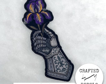 Knight Gauntlet Iron On Patch, Gothic Iris Flower Patch, Dark Fantasy Armor Badge, Cottagegoth Sleeve Patch, Fleur De Lis Applique