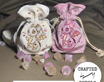 Custom Velour Lined Dice Bag with Embroidery | Handmade Pouch for DnD | Cute Sakura Dragon | Gift for Wizard
