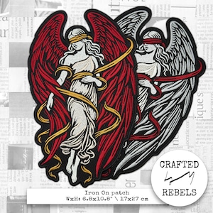 Iron On embroidered patch: blindfolded angel with wings, divine mythic embroidered art