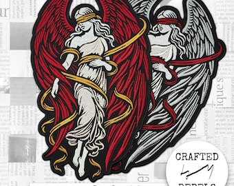 Iron On embroidered patch: blindfolded angel with wings, divine mythic embroidered art