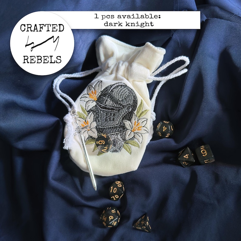Custom Upcycled Velvet Dice Bag with Embroidery | Handmade Pouch for DnD Dice | Unique Lined Bag for Tabletop RPG | Gift for Paladin Black