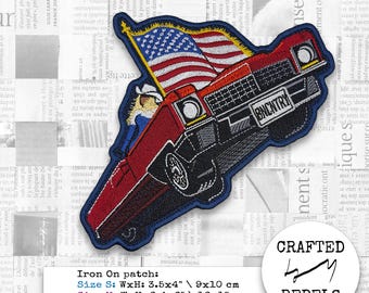 Iron On embroidered patch: red convertible flying car with flag, Bey aesthetic