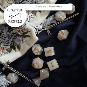 Custom Upcycled Velvet Dice Bag with Embroidery | Handmade Pouch for DnD Dice | Unique Lined Bag for Tabletop RPG | Gift for Paladin Milk white