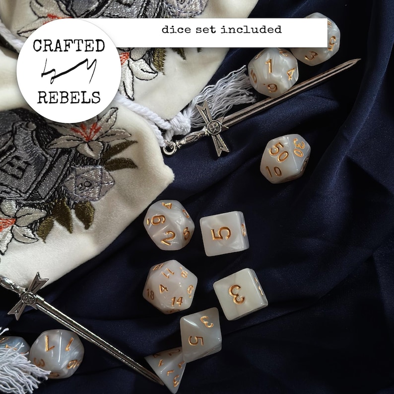 Custom Upcycled Velvet Dice Bag with Embroidery | Handmade Pouch for DnD Dice | Unique Lined Bag for Tabletop RPG | Gift for Paladin Milk white