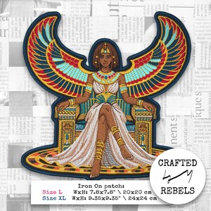 Grote opstrijkbare patch - Egyptische godin Isis, geborduurde gevleugelde koningin Cleopatra jas rugbadge, rugpatch oud Egypte