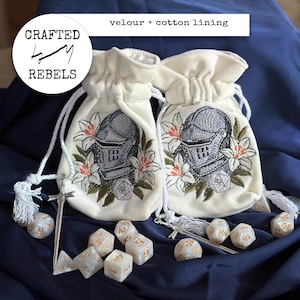 Custom Upcycled Velvet Dice Bag with Embroidery | Handmade Pouch for DnD Dice | Unique Lined Bag for Tabletop RPG | Gift for Paladin image 2