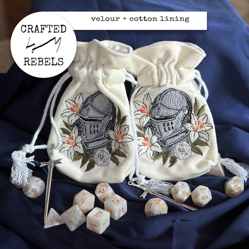 Custom Upcycled Velvet Dice Bag with Embroidery | Handmade Pouch for DnD Dice | Unique Lined Bag for Tabletop RPG | Gift for Paladin image 2