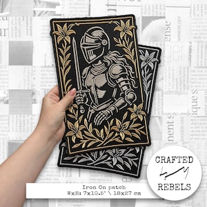 Embroidered Female Knight Patch: Gothic Armor, Lilies Frame (7x10.5")