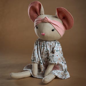 Handmade Stuffed Mouse Doll – Custom Embroidered Linen Toy – Removable Cotton Clothes – 45 cm Soft Mouse Plush – Personalized Gift