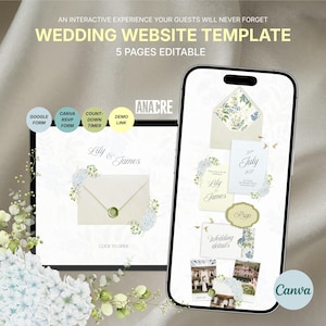 Puede incluir: Una plantilla de sitio web de bodas digital con cinco páginas editables mostradas en un teléfono inteligente y una tableta. El diseño incluye gráficos florales, un icono de sobre y el texto Lily & James, Wedding Website Template, 5 Pages Editable.