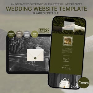 Puede incluir: Una plantilla de sitio web de bodas digital mostrada en una pantalla de tableta y teléfono inteligente. El diseño presenta un esquema de color verde oliva, seis páginas editables, un temporizador de cuenta regresiva y Google Forms y Canva.