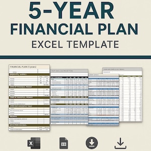 May include: A 5-year financial plan Excel template with three worksheets: "Financial Plan (5 years)", "ROFT and Logs Projection", and "Loan Amortization Scenarios".