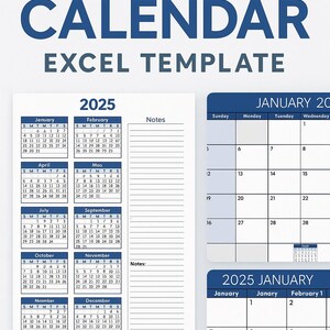 2025 Excel Calendar Template | Printable Monthly Planner + Notes | Digital Download