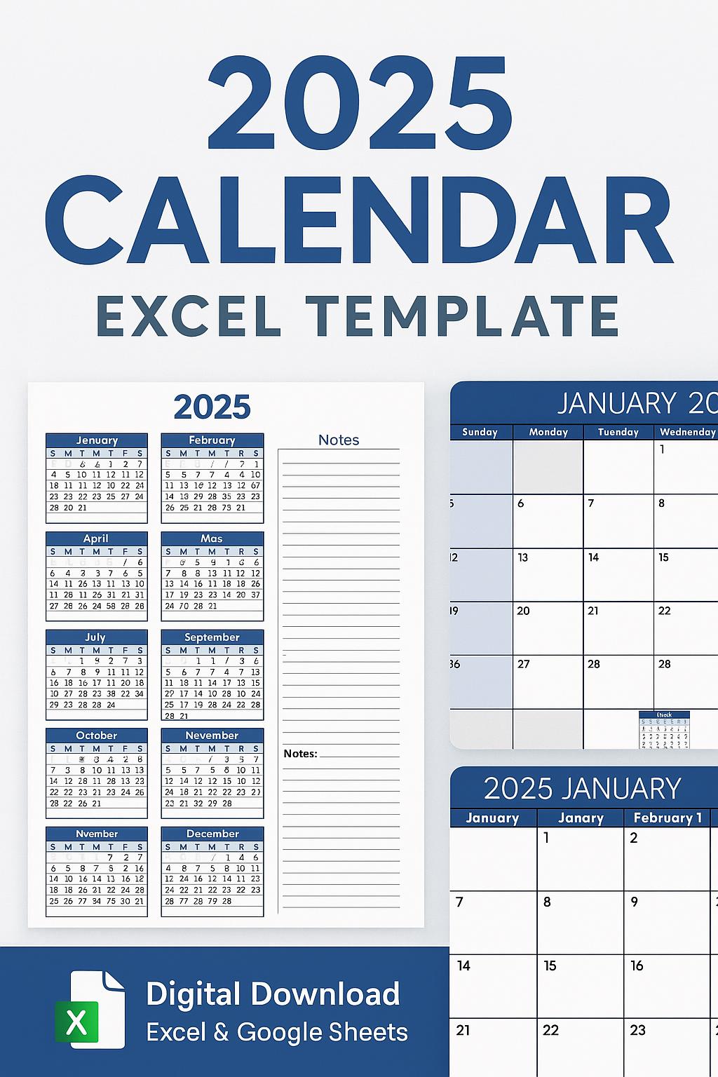 2025 Excel Calendar Template | Printable Monthly Planner + Notes