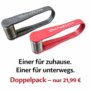 May include: Two tweezers, one gray and one red, with the brand name "UNITWEEZER" printed on them. The tweezers have a curved handle and a metal tip. The text "Einer für zuhause. Einer für unterwegs." is below the tweezers.
